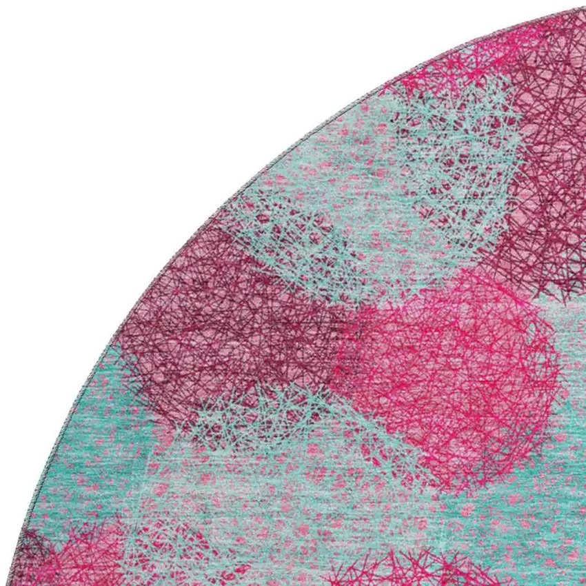8' Pink Teal And Burgundy Abstract Washable Round Rug With UV Protection Photo 2