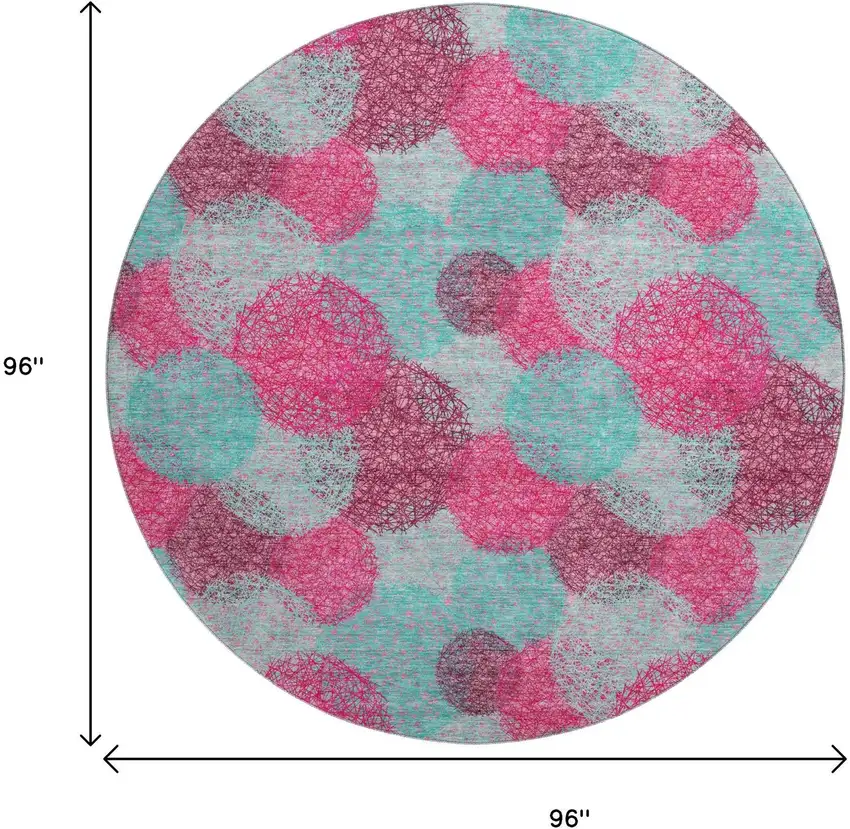 8' Pink Teal And Burgundy Abstract Washable Round Rug With UV Protection Photo 9