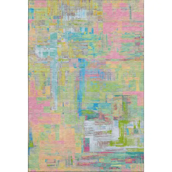 8' Pink Teal And Lime Green Abstract Washable Area Rug With UV Protection Photo 3