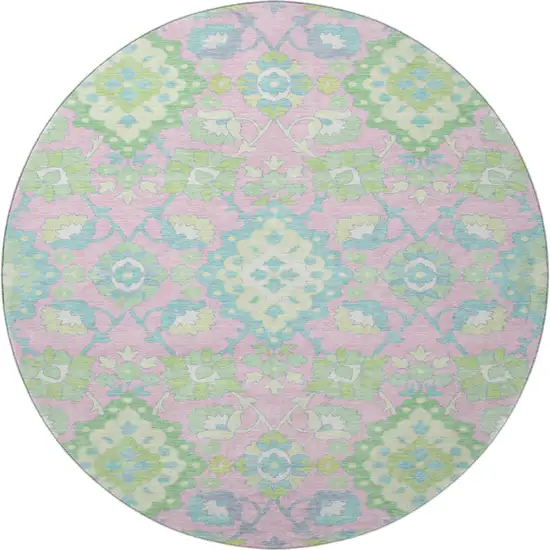 8' Pink Teal And Lime Green Oriental Washable Round Rug With UV Protection Photo 3