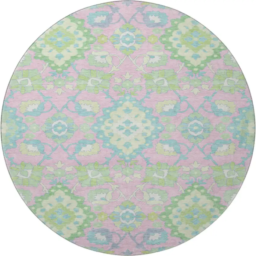 8' Pink Teal And Lime Green Oriental Washable Round Rug With UV Protection Photo 3