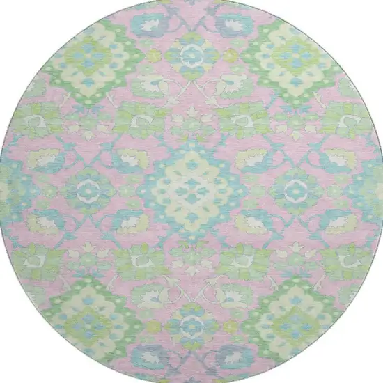 8' Pink Teal And Lime Green Oriental Washable Round Rug With UV Protection Photo 2