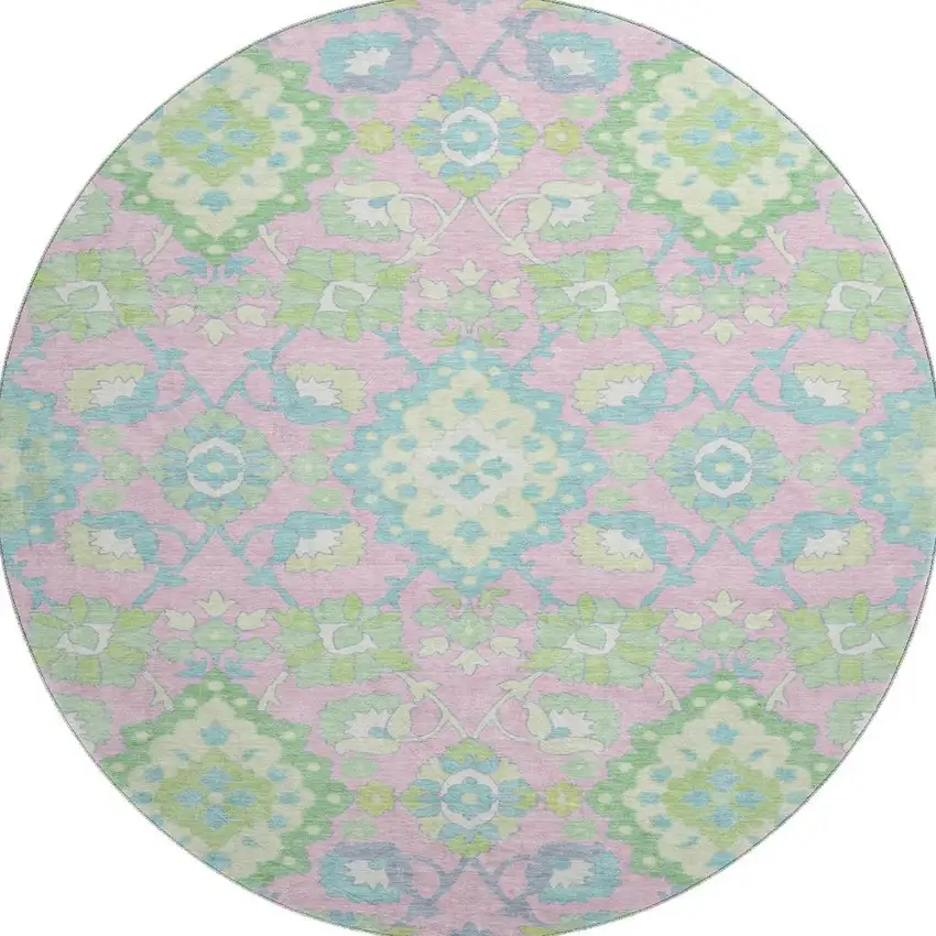 8' Pink Teal And Lime Green Oriental Washable Round Rug With UV Protection Photo 2