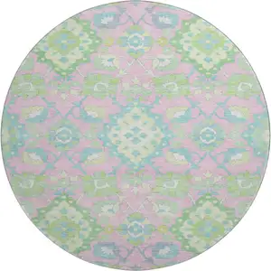 Photo of 8' Pink Teal And Lime Green Oriental Washable Round Rug With UV Protection