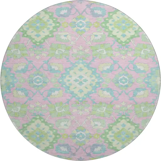 8' Pink Teal And Lime Green Oriental Washable Round Rug With UV Protection Photo 1