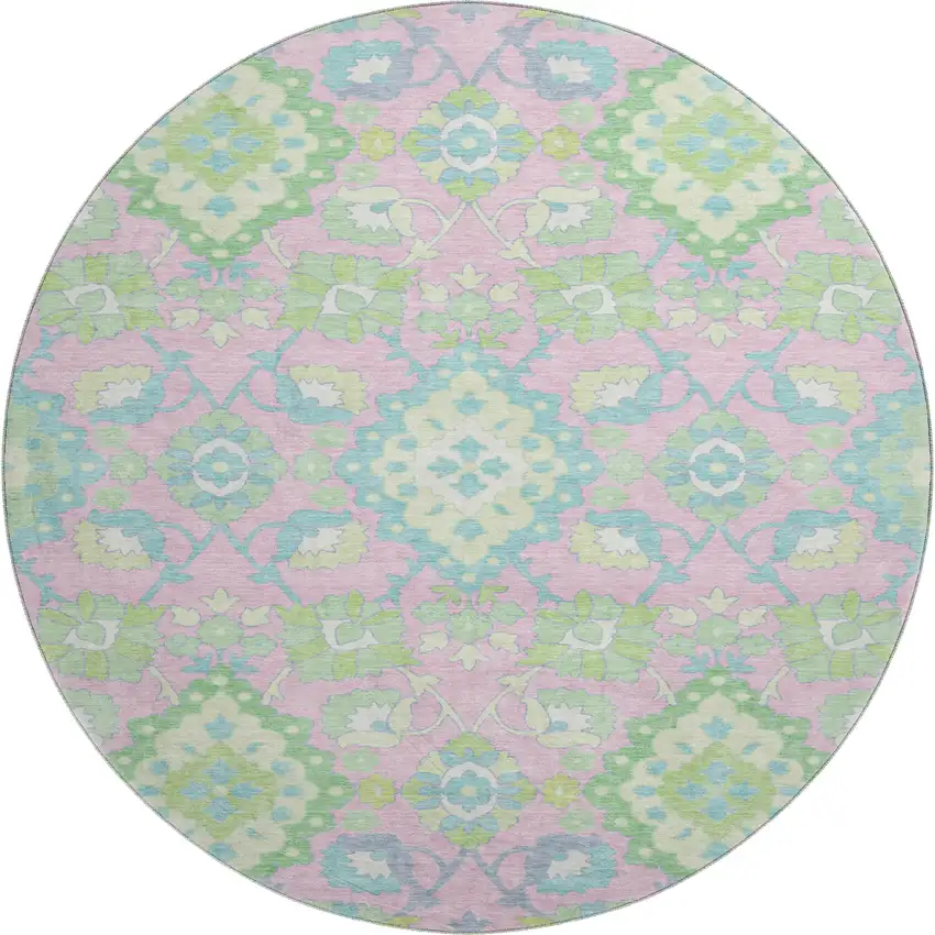 8' Pink Teal And Lime Green Oriental Washable Round Rug With UV Protection Photo 1