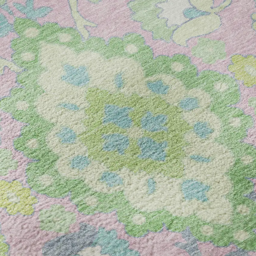 8' Pink Teal And Lime Green Oriental Washable Round Rug With UV Protection Photo 8