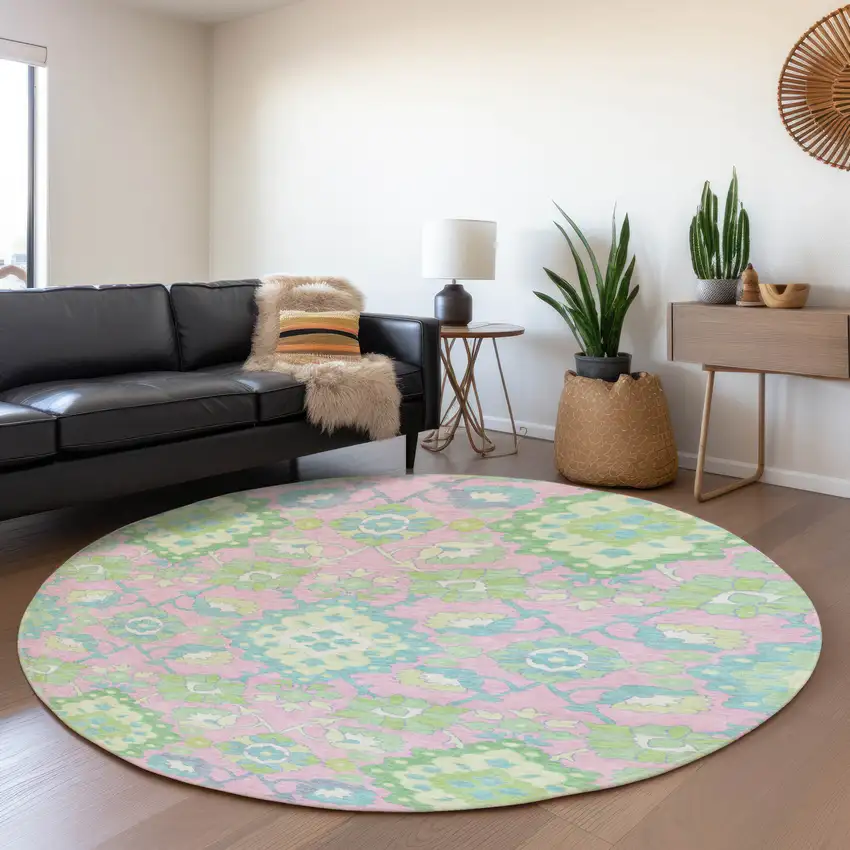 8' Pink Teal And Lime Green Oriental Washable Round Rug With UV Protection Photo 4