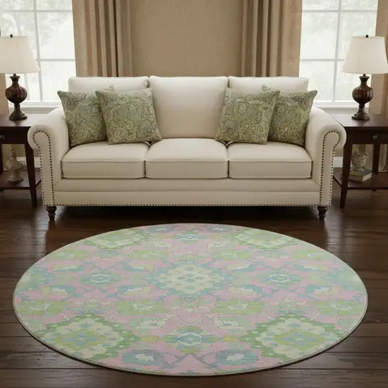 8' Pink Teal And Lime Green Oriental Washable Round Rug With UV Protection Photo 2