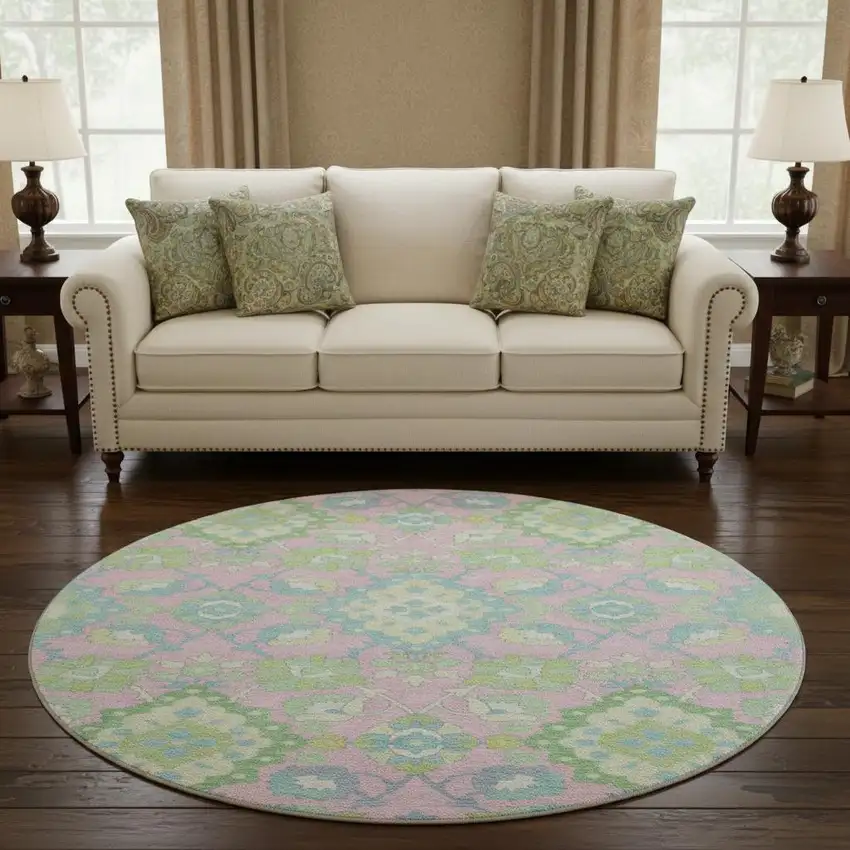 8' Pink Teal And Lime Green Oriental Washable Round Rug With UV Protection Photo 2