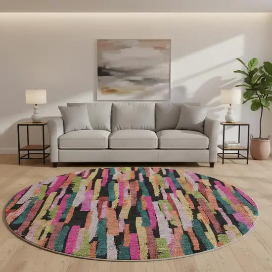 8' Pink Teal And Orange Striped Washable Round Rug With UV Protection Photo 2