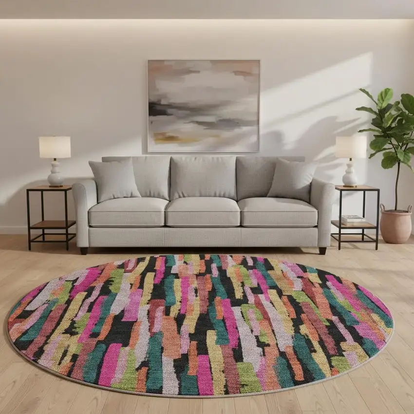 8' Pink Teal And Orange Striped Washable Round Rug With UV Protection Photo 2