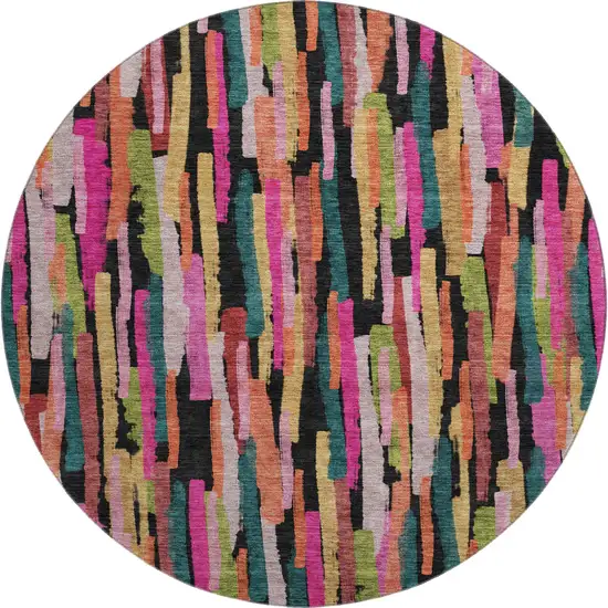 8' Pink Teal And Orange Striped Washable Round Rug With UV Protection Photo 1
