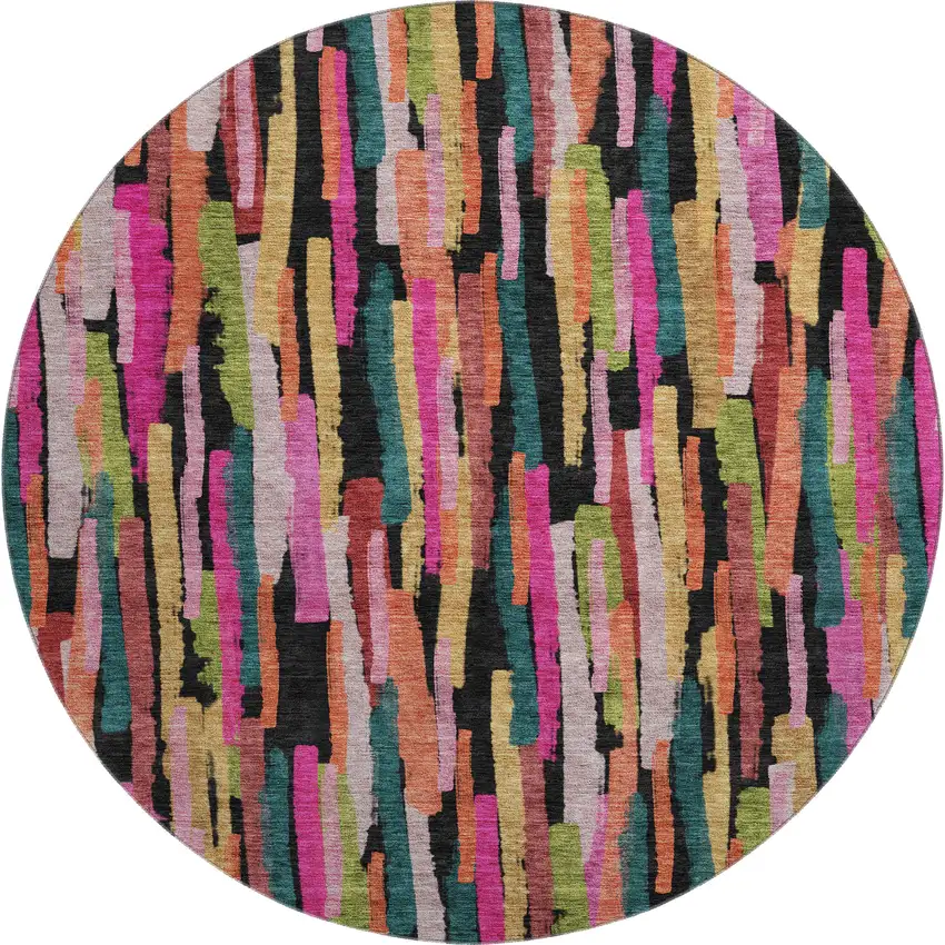 8' Pink Teal And Orange Striped Washable Round Rug With UV Protection Photo 1