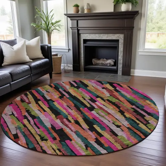 8' Pink Teal And Orange Striped Washable Round Rug With UV Protection Photo 4