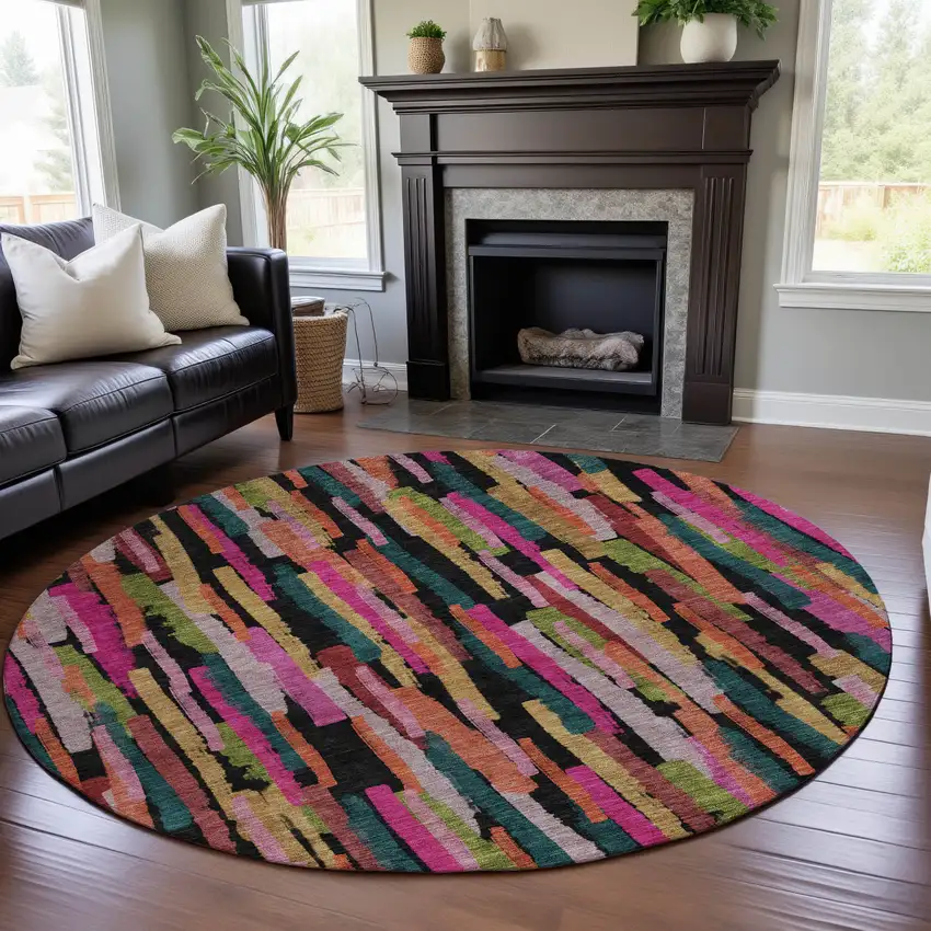 8' Pink Teal And Orange Striped Washable Round Rug With UV Protection Photo 4