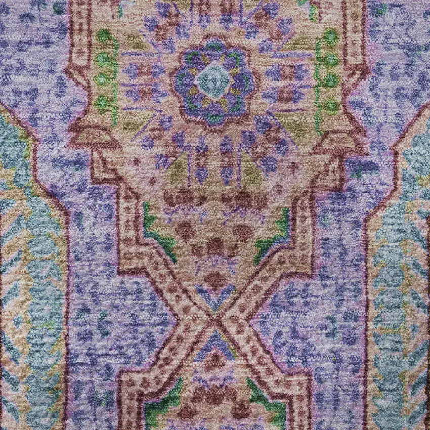 8' Pink Teal And Taupe Medallion Washable Round Rug With UV Protection Photo 9