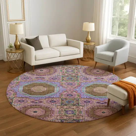 8' Pink Teal And Taupe Medallion Washable Round Rug With UV Protection Photo 5