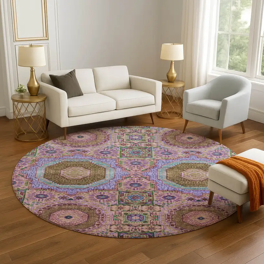 8' Pink Teal And Taupe Medallion Washable Round Rug With UV Protection Photo 5