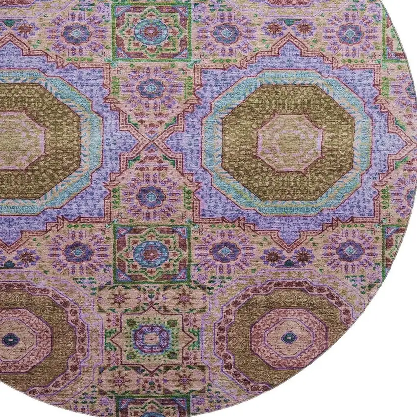 8' Pink Teal And Taupe Medallion Washable Round Rug With UV Protection Photo 3