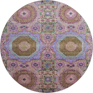 Photo of 8' Pink Teal And Taupe Medallion Washable Round Rug With UV Protection