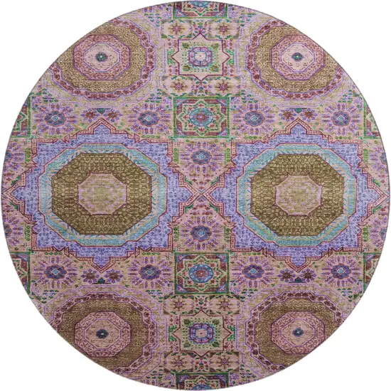 8' Pink Teal And Taupe Medallion Washable Round Rug With UV Protection Photo 1