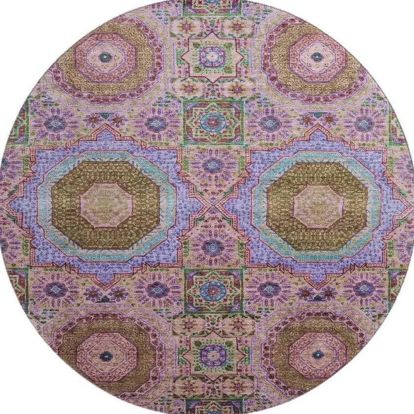 8' Pink Teal And Taupe Medallion Washable Round Rug With UV Protection Photo 4