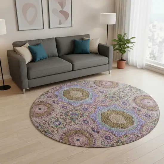 8' Pink Teal And Taupe Medallion Washable Round Rug With UV Protection Photo 2