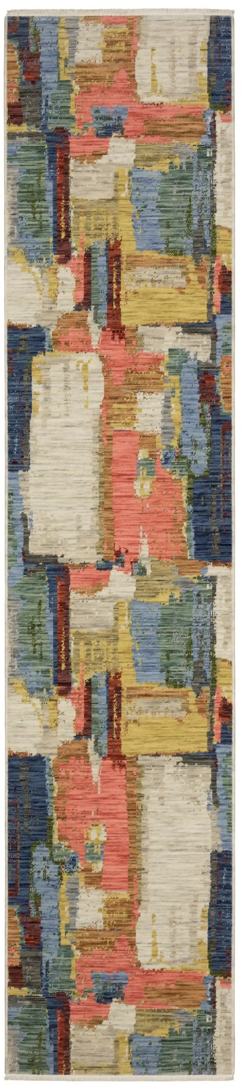 12' Pink Yellow And Dark Blue Abstract Runner Rug With Fringe Photo 2