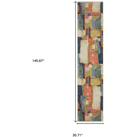 12' Pink Yellow And Dark Blue Abstract Runner Rug With Fringe Photo 3