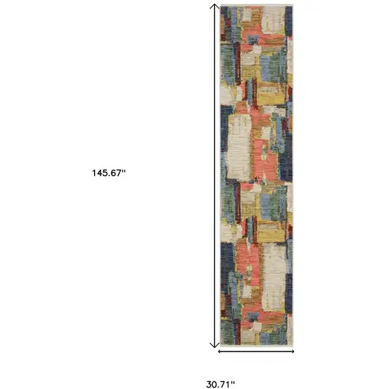 12' Pink Yellow And Dark Blue Abstract Runner Rug With Fringe Photo 3