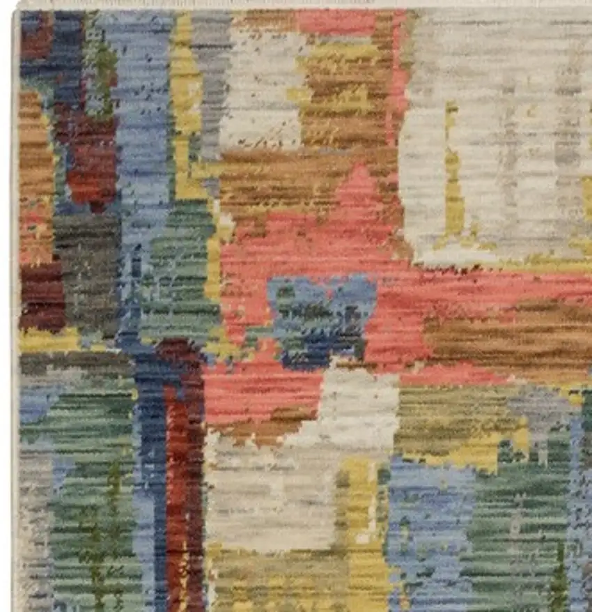 12' Pink Yellow And Dark Blue Abstract Runner Rug With Fringe Photo 8