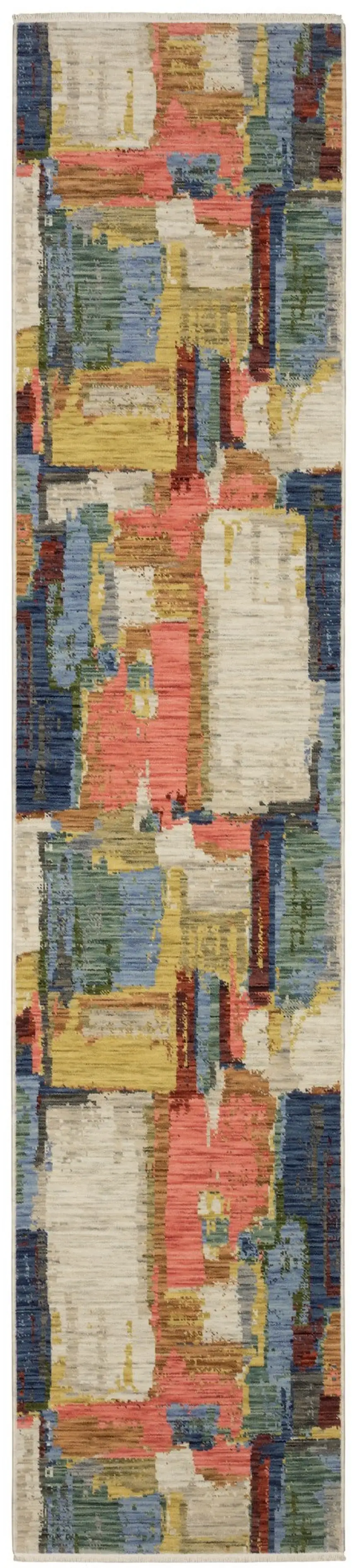 12' Pink Yellow And Dark Blue Abstract Runner Rug With Fringe Photo 4