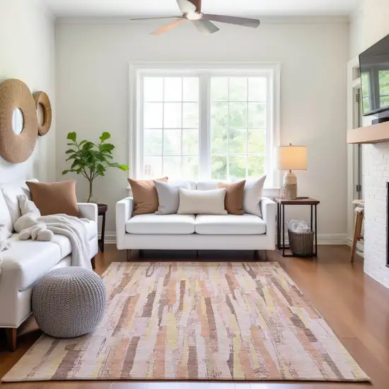 8' Pink Yellow And Peach Striped Washable Area Rug With UV Protection Photo 3