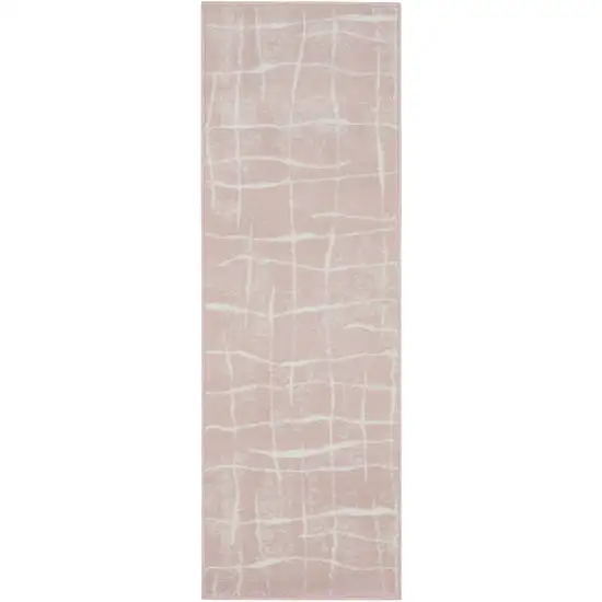 8' Pink and Ivory Abstract Distressed Non Skid Runner Rug Photo 2