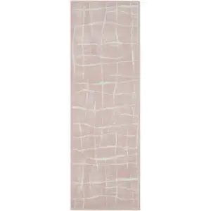 Photo of 8' Pink and Ivory Abstract Distressed Non Skid Runner Rug