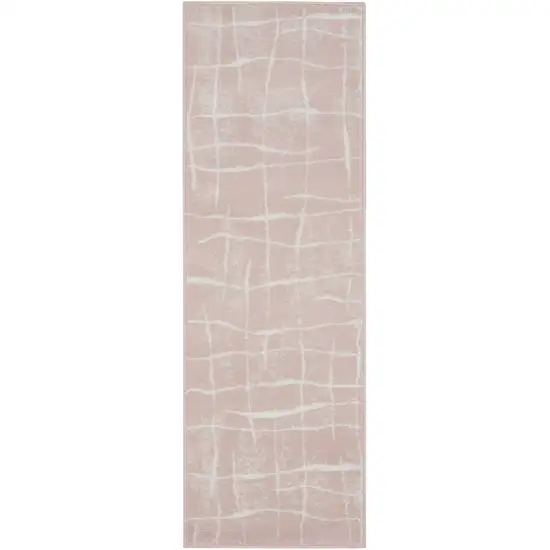 8' Pink and Ivory Abstract Distressed Non Skid Runner Rug Photo 8