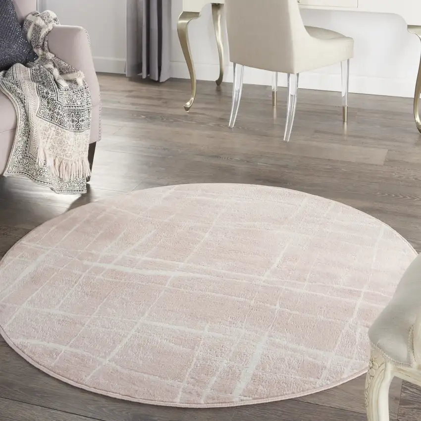 5' Pink and Ivory Abstract Geometric Round Rug Photo 5