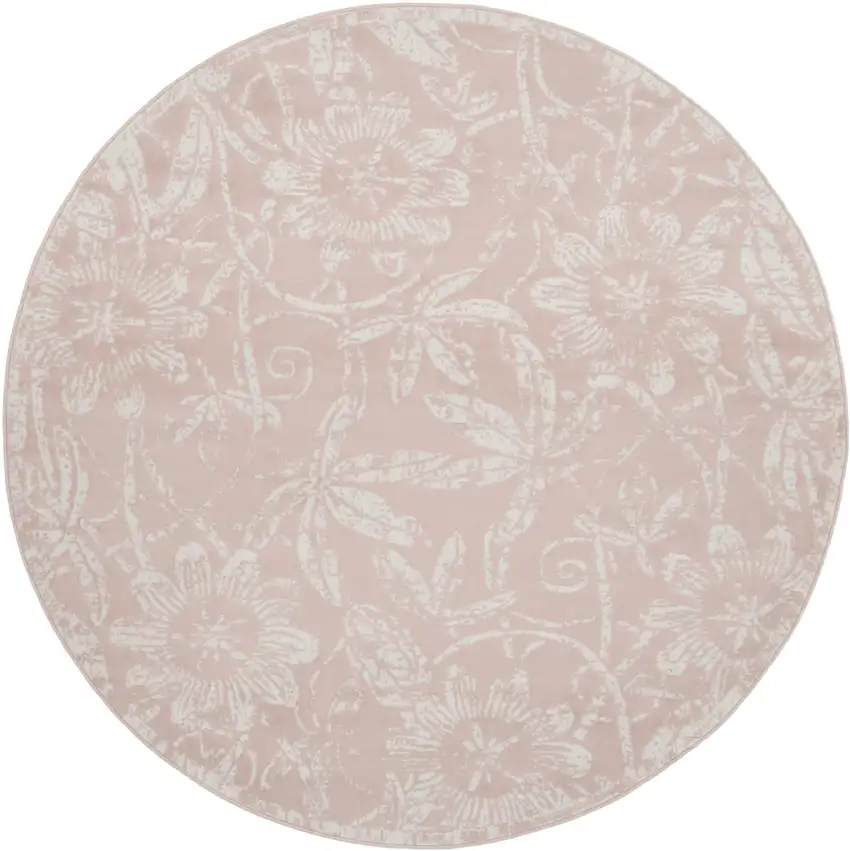 8' Pink and Ivory Floral Distressed Round Rug Photo 2