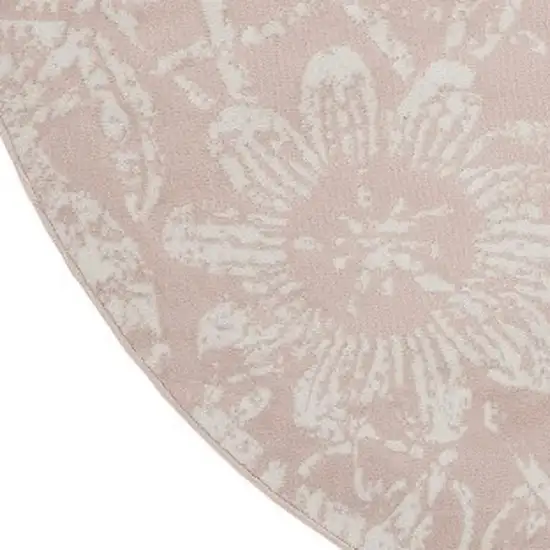 8' Pink and Ivory Floral Distressed Round Rug Photo 7