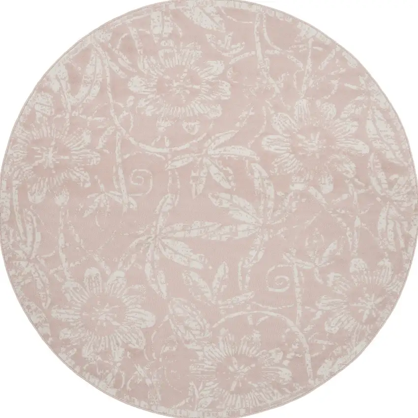 8' Pink and Ivory Floral Distressed Round Rug Photo 6