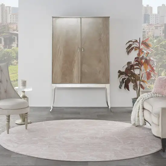 8' Pink and Ivory Floral Distressed Round Rug Photo 6