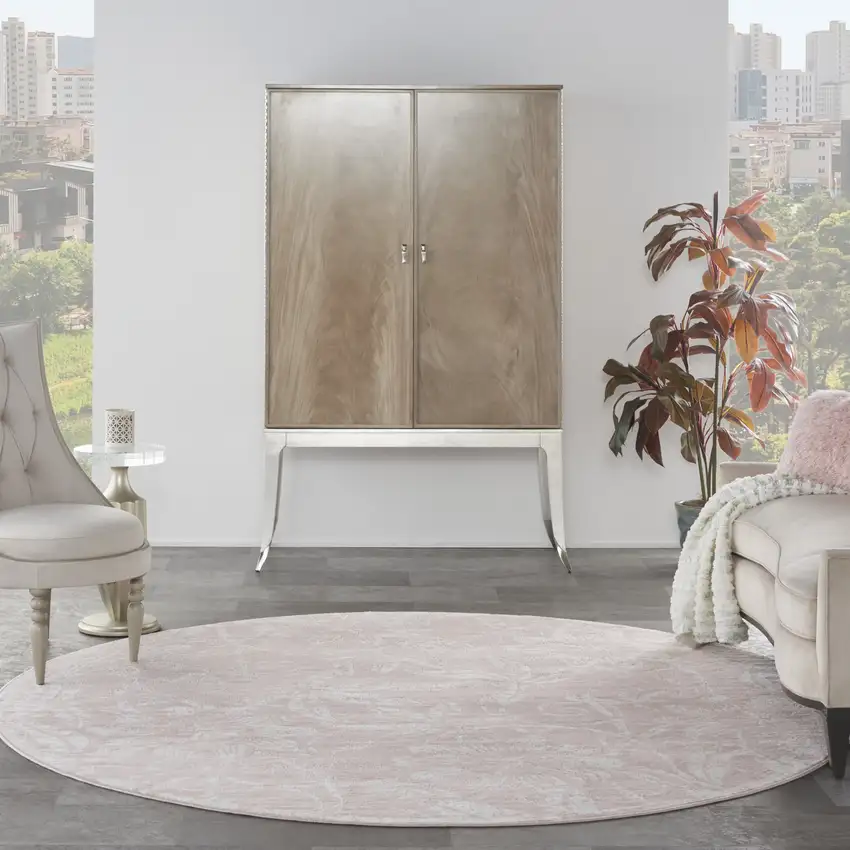 8' Pink and Ivory Floral Distressed Round Rug Photo 6