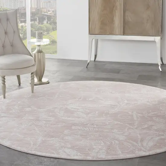 8' Pink and Ivory Floral Distressed Round Rug Photo 5