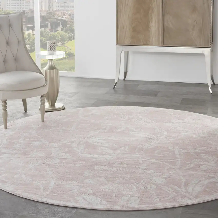 8' Pink and Ivory Floral Distressed Round Rug Photo 5