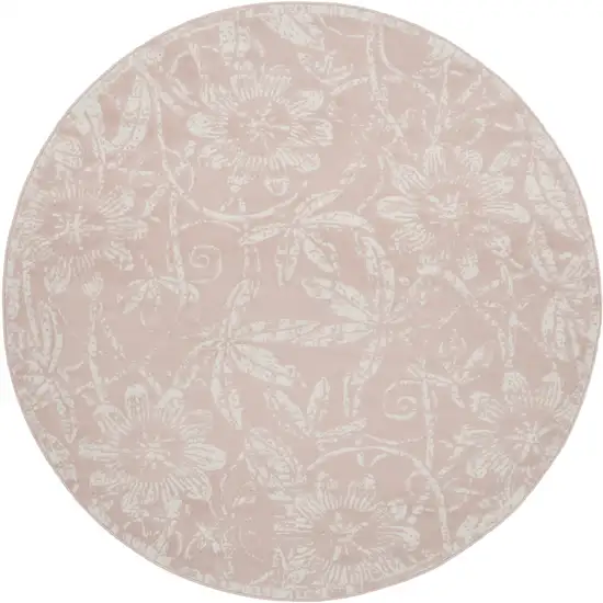 8' Pink and Ivory Floral Distressed Round Rug Photo 1