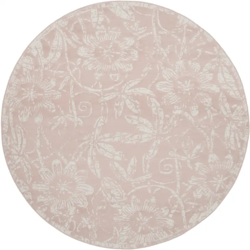 8' Pink and Ivory Floral Distressed Round Rug Photo 1