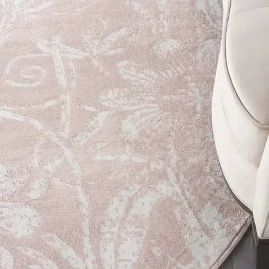 8' Pink and Ivory Floral Distressed Round Rug Photo 8