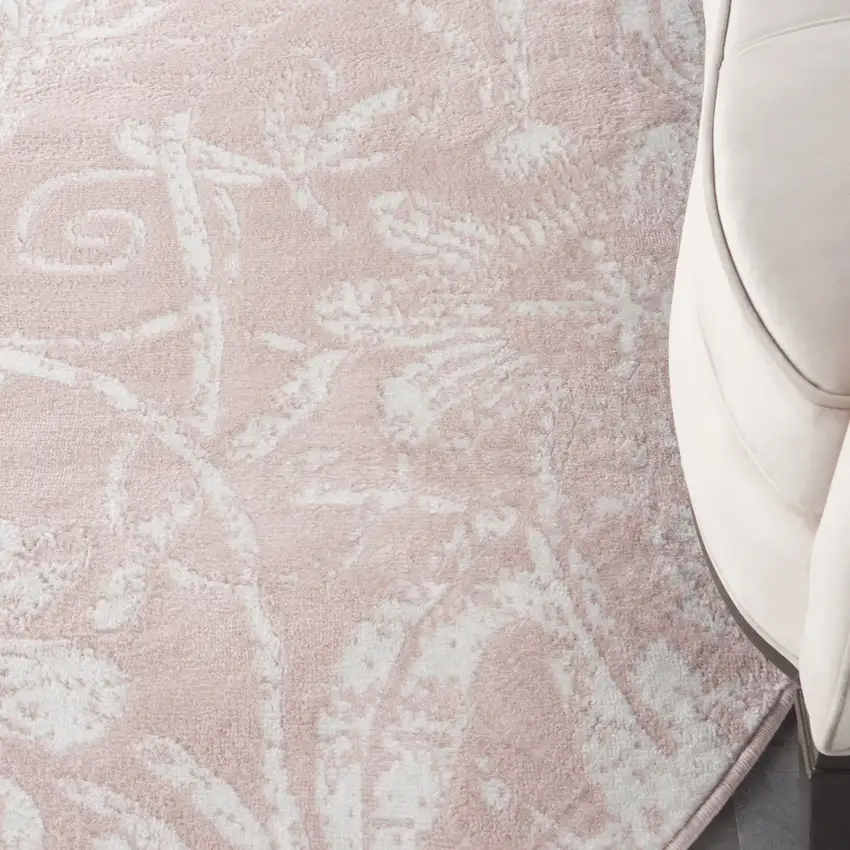 8' Pink and Ivory Floral Distressed Round Rug Photo 8