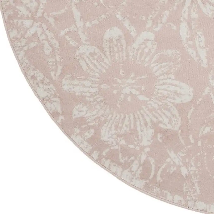 8' Pink and Ivory Floral Distressed Round Rug Photo 4